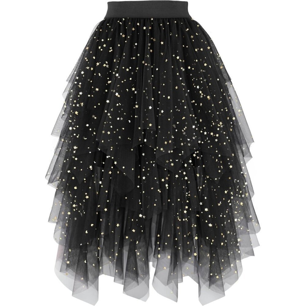Tulle Sequin BlackSkirts for Women High Waist Elastic Midi Skirt Mesh Tutu Skirt - Picture 1 of 5